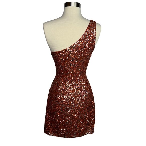 Vintage Scala One-Shoulder Full Sequin and Silk Mini Dress Sparkling Rust Orange - Picture 7 of 11